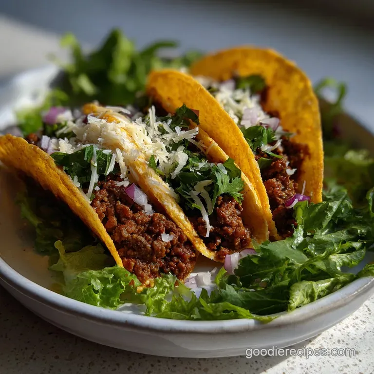 A single taco, artfully arranged. Golden-brown beef peeks from under a blanket of melted cheese and shredded lettuce.