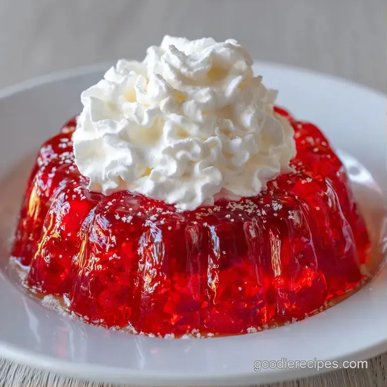 A neat slice of sponge cake showing vibrant red gelatin layers topped with fluffy cream on a ceramic dessert plate.