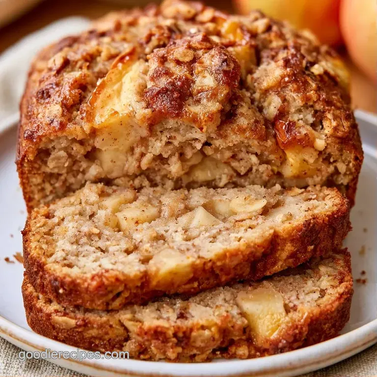 A thick slice of golden cake on a white ceramic plate, topped with a dollop of butter and fresh apple slices.