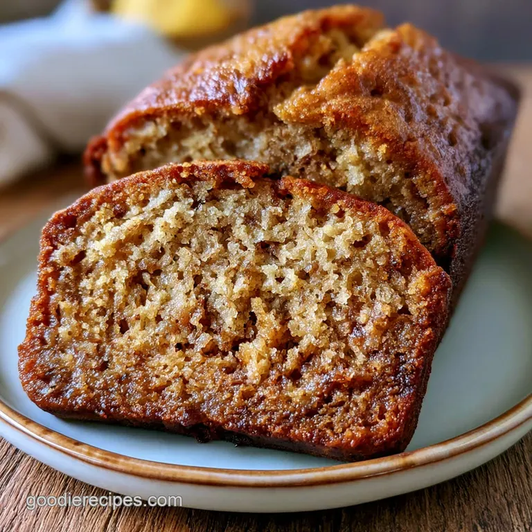 A thick slice of moist golden cake on a ceramic plate, topped with melting butter and a side of fresh blueberries.