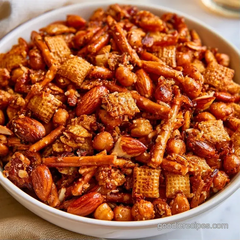 Savory golden cereal squares and twisted pretzels piled high in a clean white bowl on a neutral linen surface.