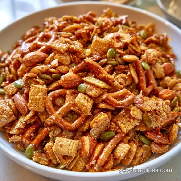 Toasted cereal squares and pumpkin seeds piled high in a white ceramic bowl atop a cream linen napkin.