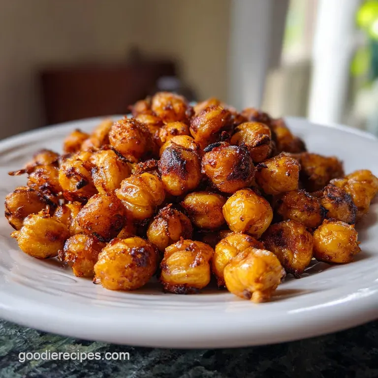 Pile of golden-brown roasted chickpeas in a small, textured bowl. Lightly salted. A healthy vegan snack recipe ready to eat!