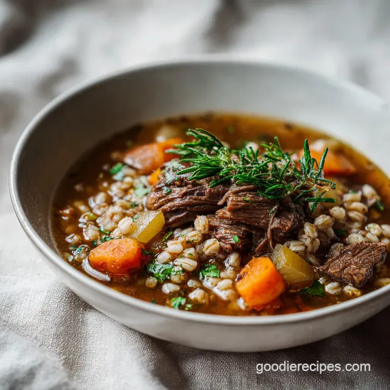 A steaming bowl of beef barley soup with vibrant green parsley garnish, sits on a rustic wooden table with a linen napkin ...