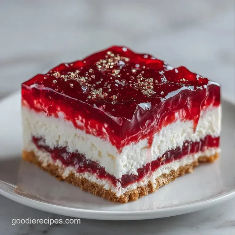 Elegant slice of red and white layered dessert on a ceramic plate, accented by a sprig of mint and fresh berries.