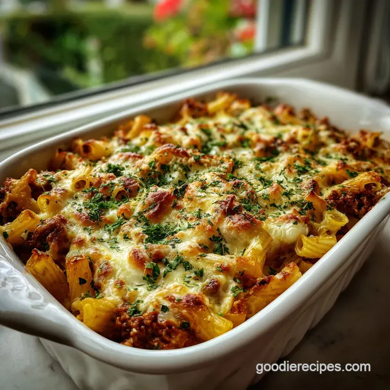 Single serving of baked ziti with dollop of creamy cottage cheese. Fresh basil leaf garnish on rustic white plate.