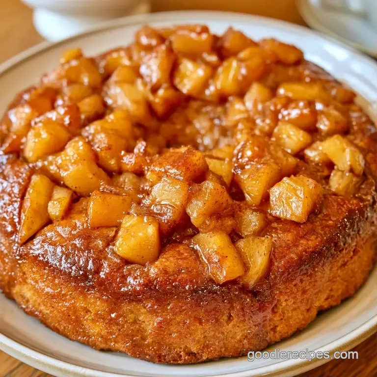 A slice of golden sponge cake topped with fanned apple slices and a dollop of whipped cream on a slate plate