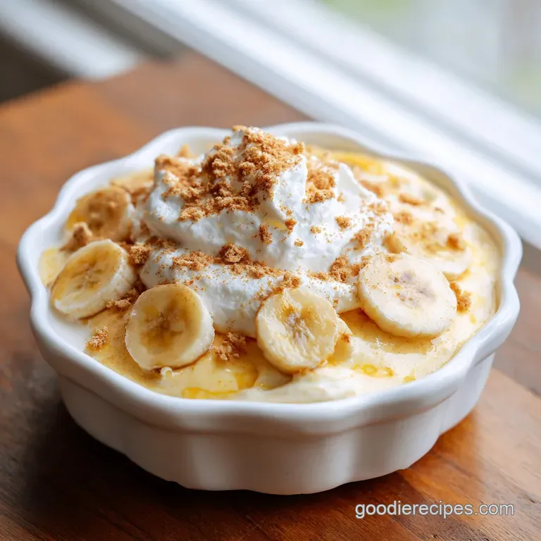 A single scoop of creamy banana pudding crowned with a delicate wafer and a mint sprig, served on a white plate.