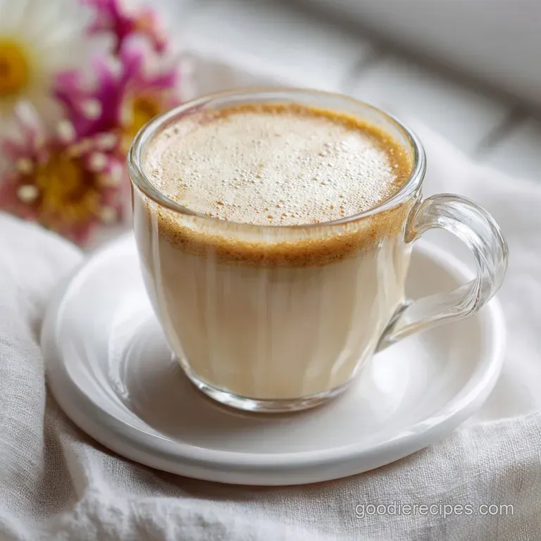 A delicate stream of creamy white creamer pours into a ceramic mug, with subtle swirls visible.