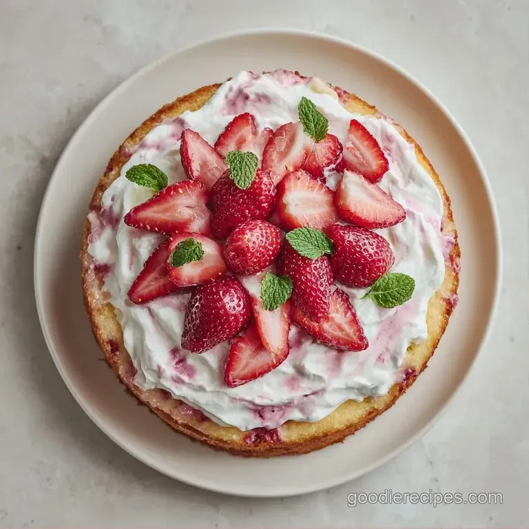 A slice of moist pink cake on a white porcelain plate with a swirl of whipped cream and a fresh strawberry.
