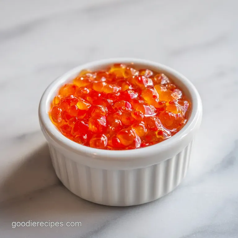 A small ceramic dish filled with glistening jewel-toned pepper jelly, ready to be served.