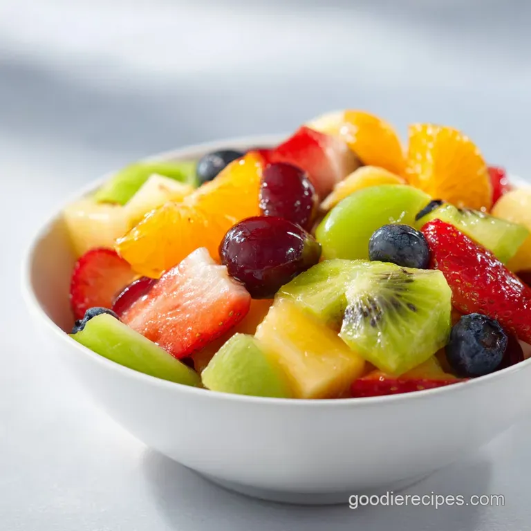 A mound of colorful, fresh fruit salad artfully arranged in a glass bowl, catching the light.