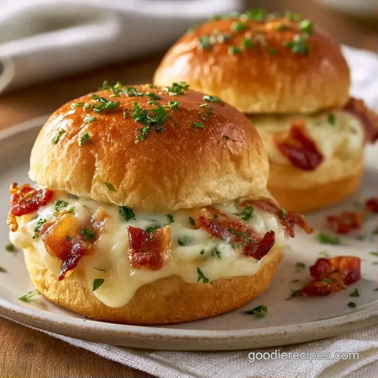 Three mini open-faced sandwiches with creamy golden cheese and crispy bacon served on a sleek white porcelain platter.