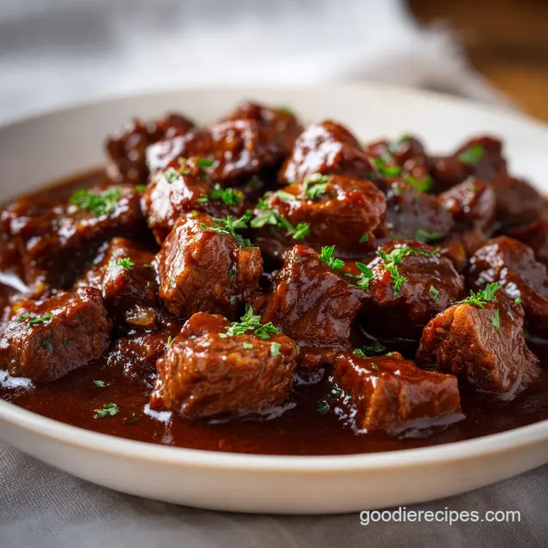 Rustic ceramic bowl of thick brown stew with root vegetables, topped with fresh parsley on a weathered wooden table.