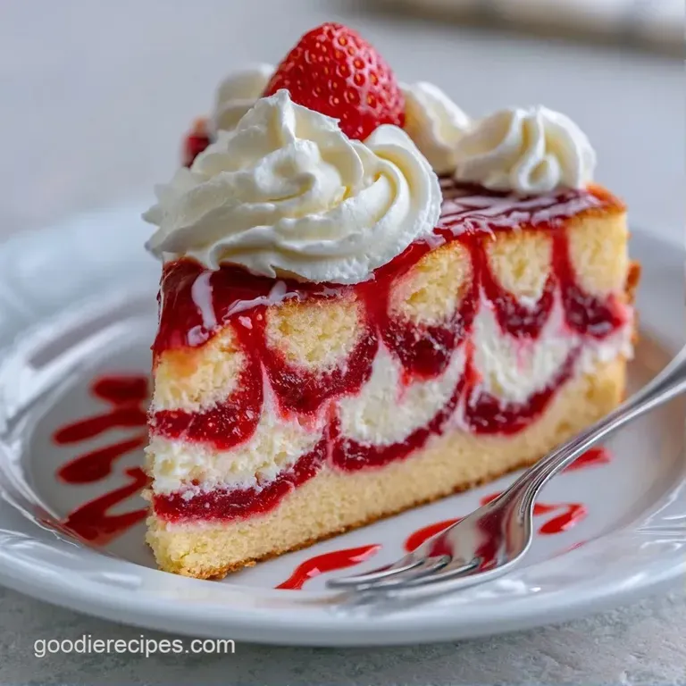A square slice of layered dessert on a white plate, showcasing a bright center and a peaked whipped cream topping.