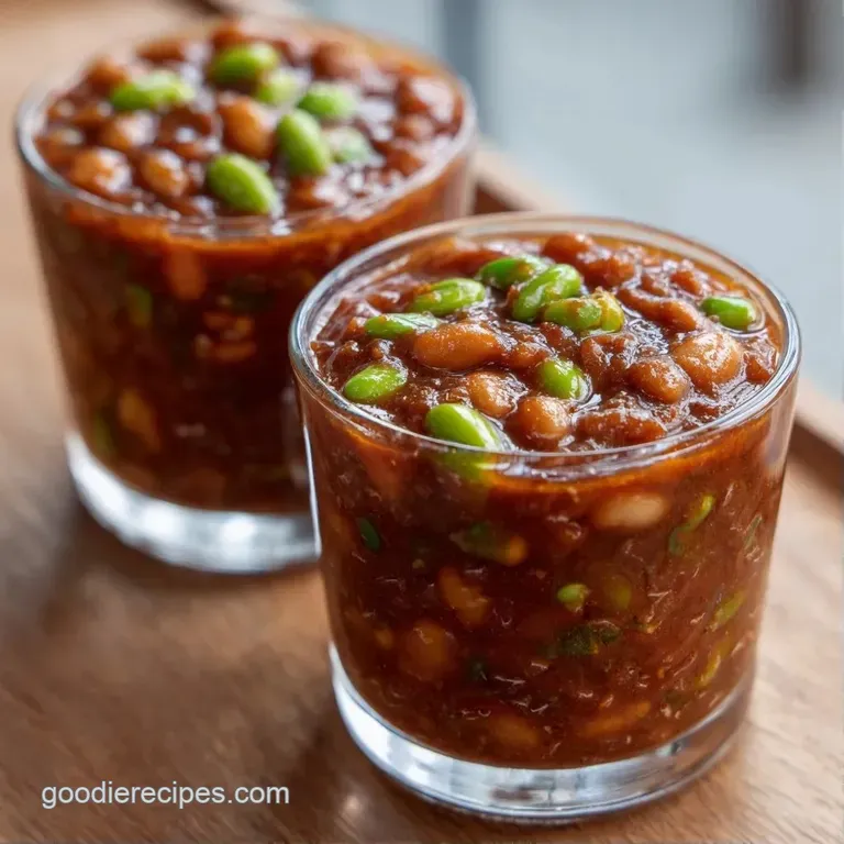 Rows of glass shot cups filled with thick, rich brown stew, garnished with tiny sprigs of fresh green parsley.