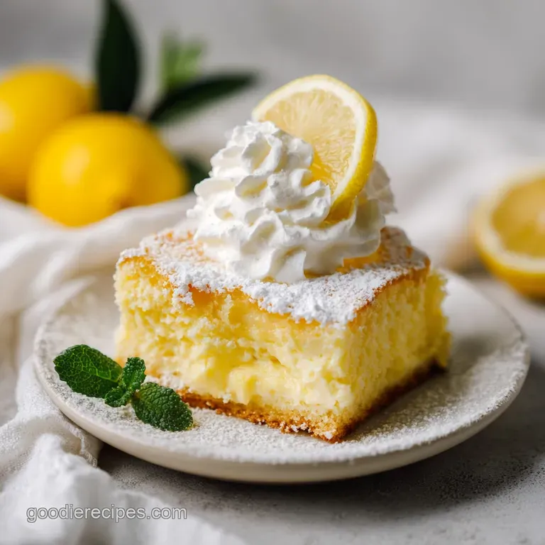 A neat slice of bright yellow lemon cake with creamy white cheese swirls, topped with a dusting of powdered sugar.