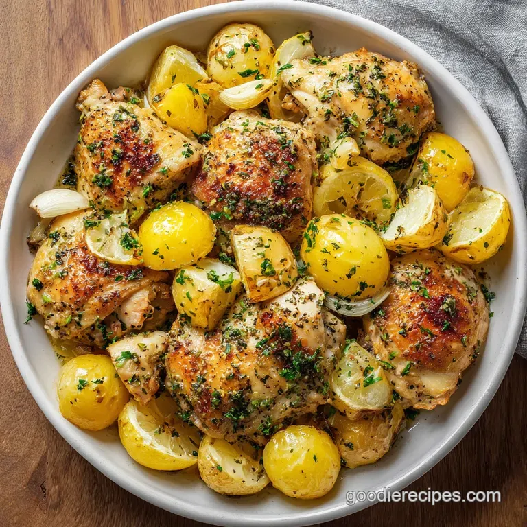 Juicy lemon herb chicken breast served alongside tender potatoes. Sprigs of herbs and lemon add vibrancy.