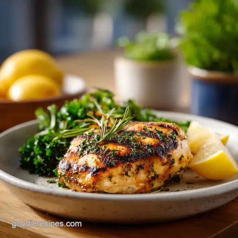 Tender grilled chicken slices fanned over a vibrant bed of fresh green salad with bright lemon wedges.