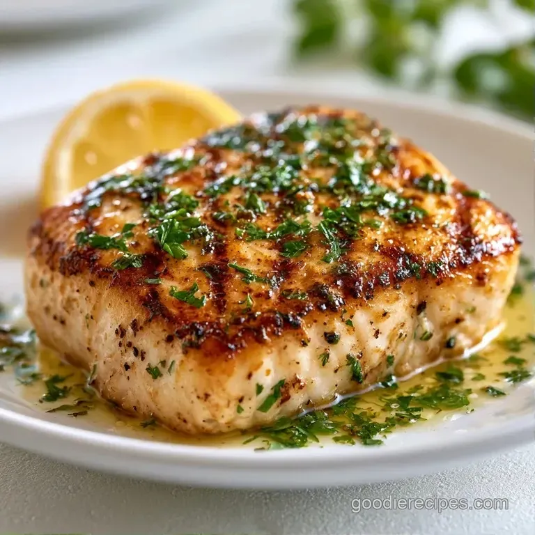 Searing white fish fillet garnished with bright green herbs and lemon slices beside steamed asparagus spears.