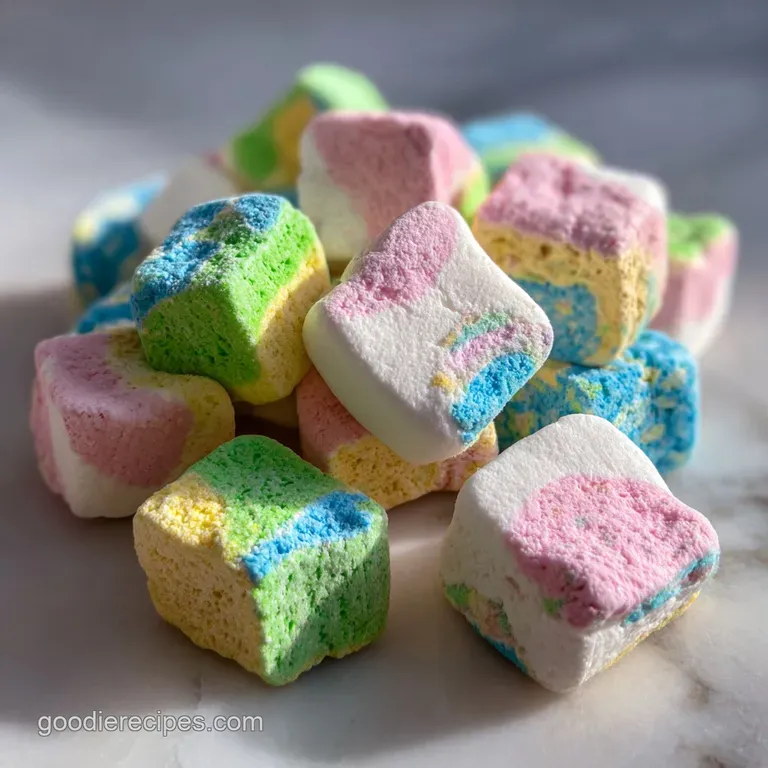 Single, vibrant Lucky Charms treat square, oozing melted marshmallow, with crispy cereal texture on a clean white plate.