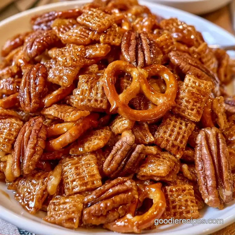 A rustic wooden board piled high with amber-colored glazed cereal and whole toasted pecans under warm lighting.