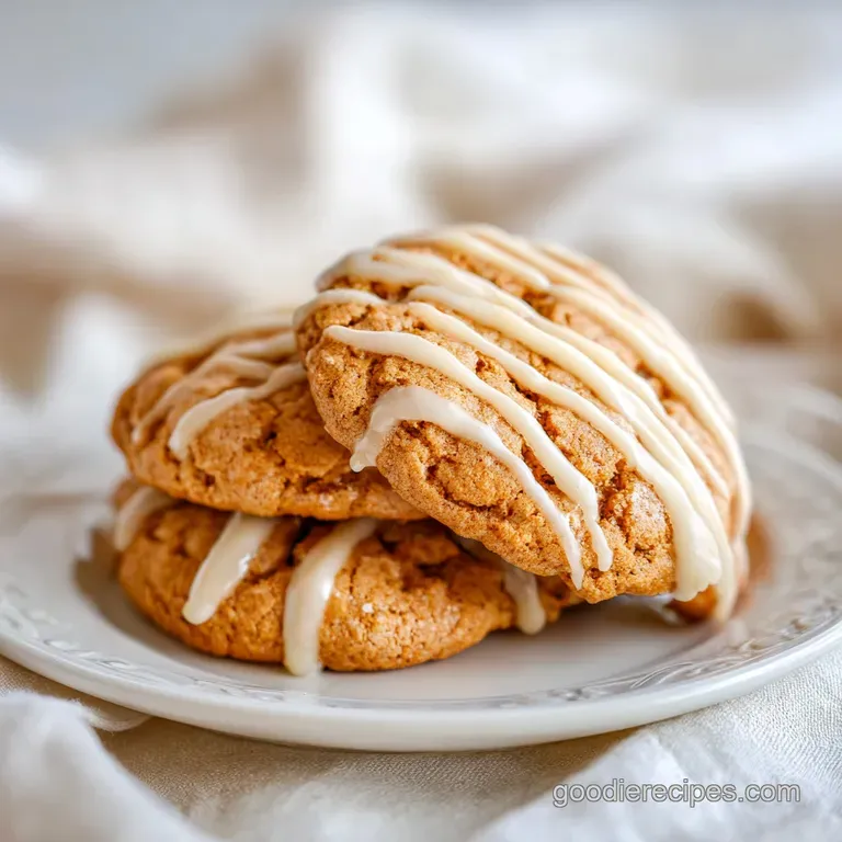 Stack of tender maple cookies drizzled with creamy, opaque maple icing on a white plate.