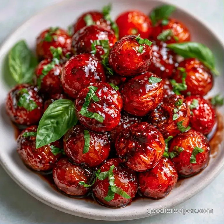 Bright red tomatoes drizzled with golden olive oil and cracked pepper on a minimalist white ceramic plate.