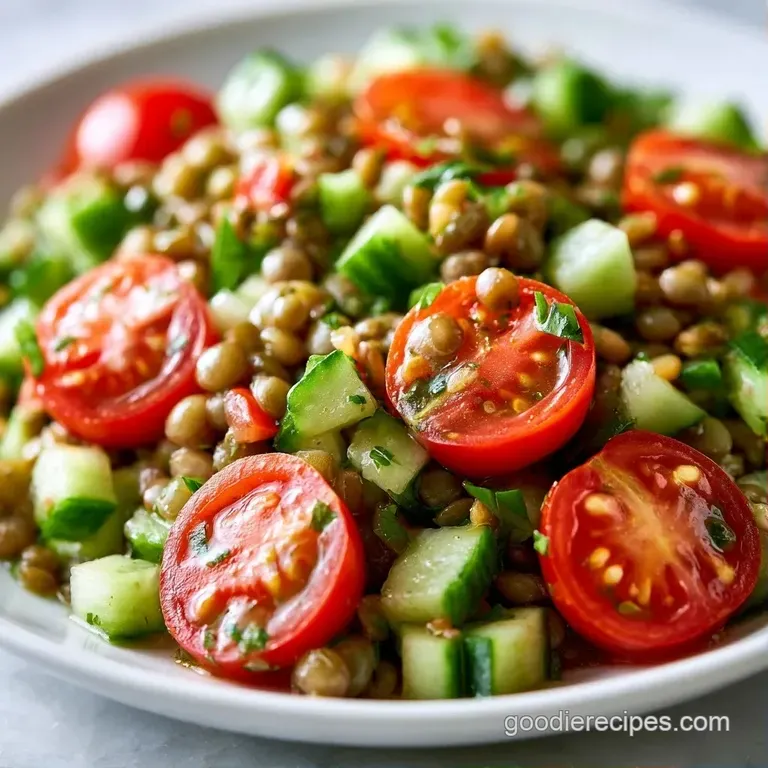 Colorful medley of earthy lentils and bright cherry tomatoes garnished with fresh parsley in a shallow white bowl.