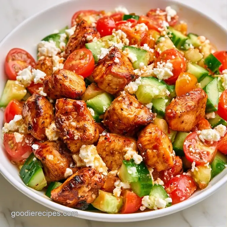 Vibrant assortment of grilled chicken, kalamata olives, and cherry tomatoes arranged in a clean white ceramic bowl.
