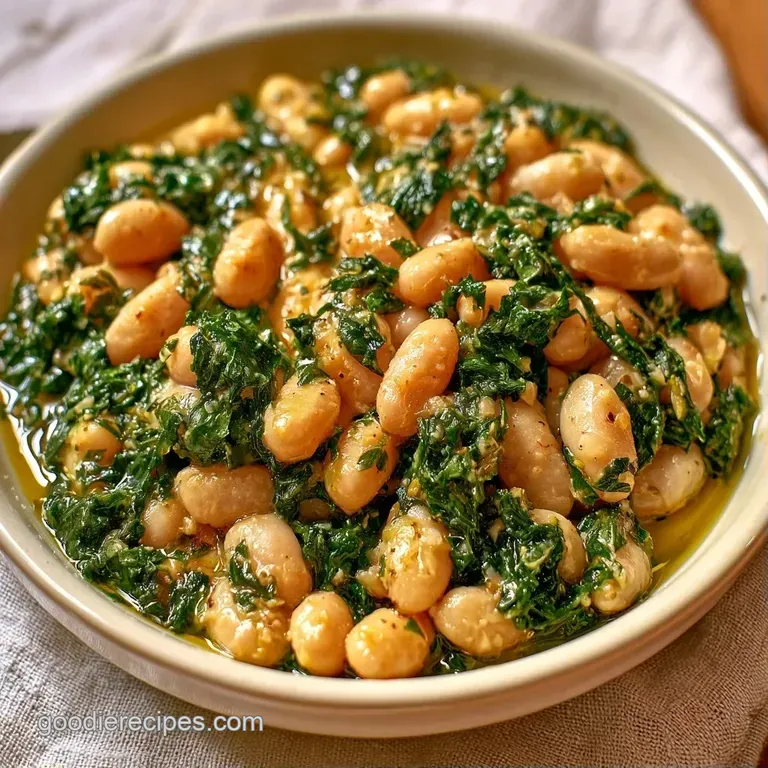 Plump white beans and vibrant wilted greens served in a rustic ceramic bowl with a drizzle of glossy olive oil.