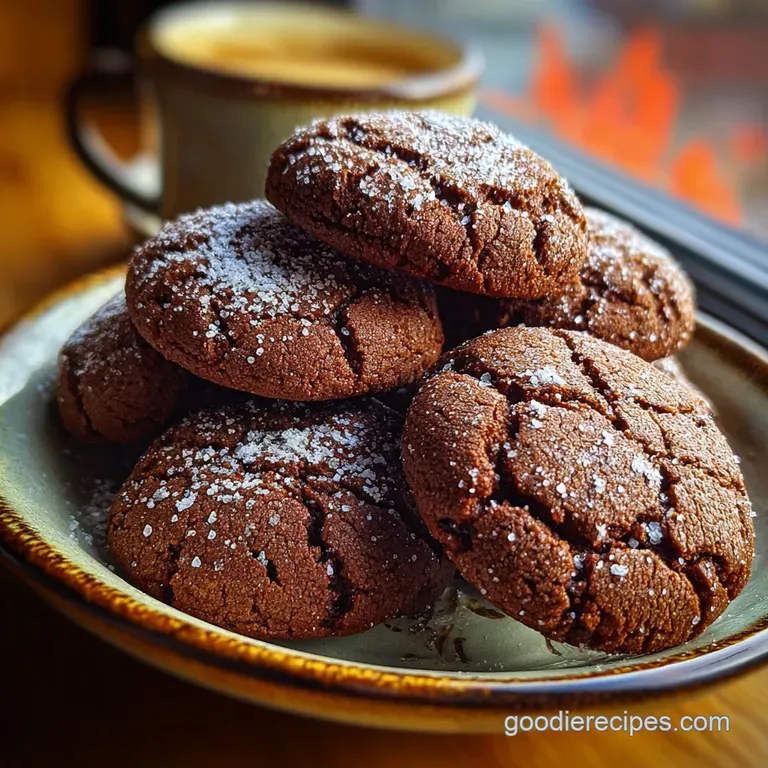 A single, rich chocolate cookie with a sugary dusting, presented on a patterned plate with a steaming mug.