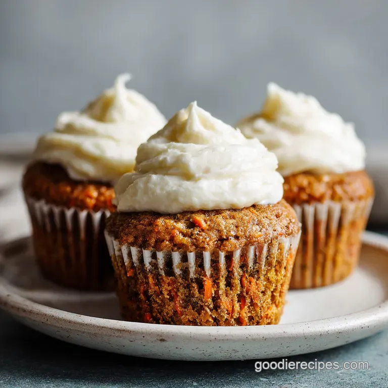 Carrot cupcake topped with cream cheese frosting; orange shreds & pecan halves add texture on a white plate.