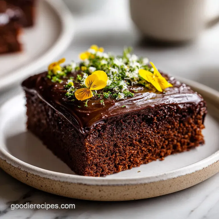 Slice of fudgy chocolate cake on a white plate. Glossy ganache drips slightly. A scattering of powdered sugar adds elegance.
