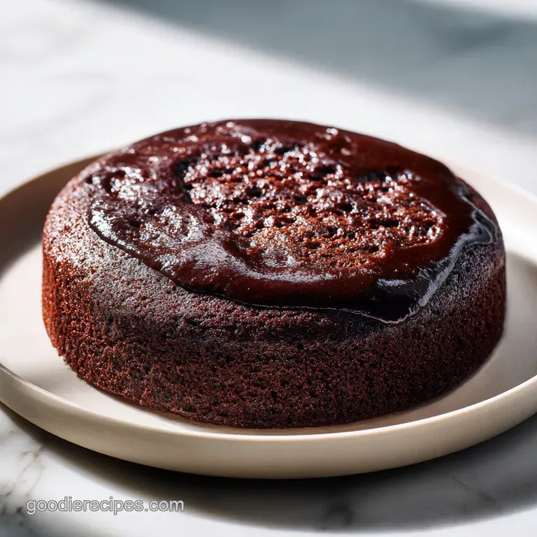 A generous slice of moist chocolate cake on a white plate, topped with a swirl of whipped cream.
