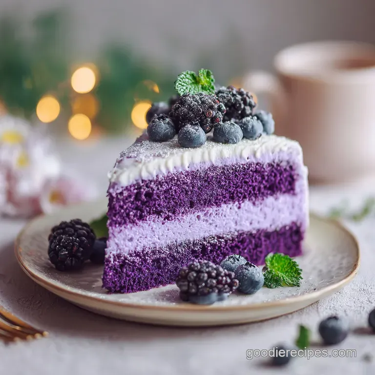 A slice of rich purple cake elegantly plated, adorned with smooth white frosting swirls and fresh berries.