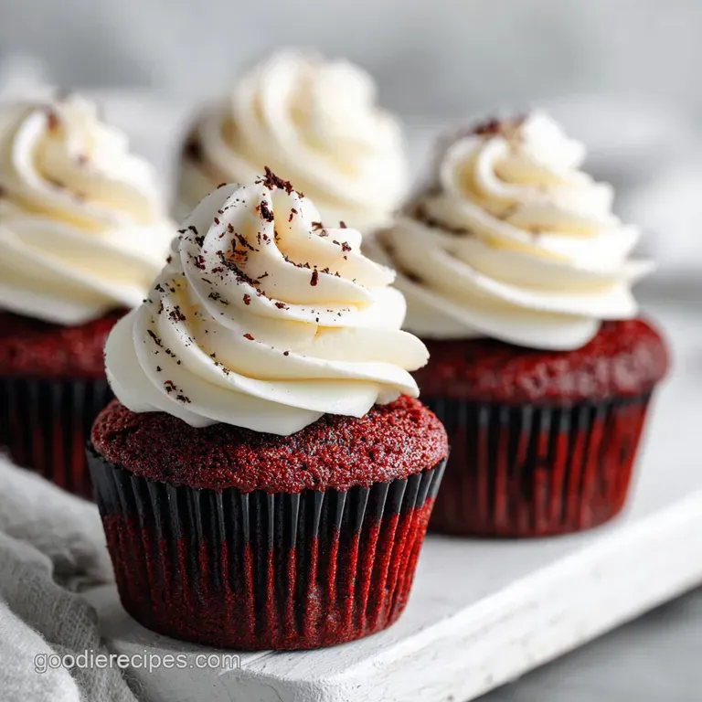 A single red velvet cupcake on a white plate, the creamy frosting spiraling upwards, dusted with cocoa powder.