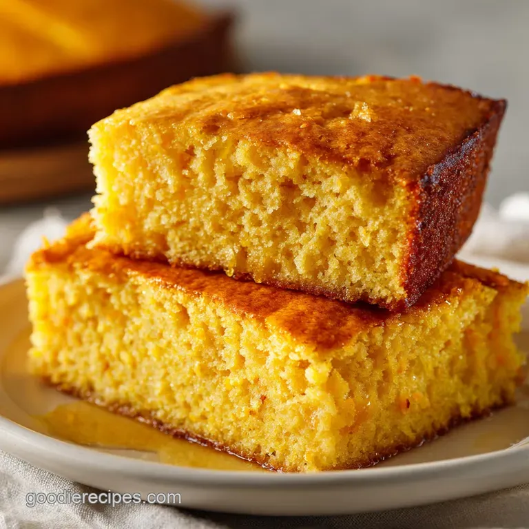 A thick slice of tender corn bread with melted butter pools on top, steaming and set against a white plate with a dark bac...