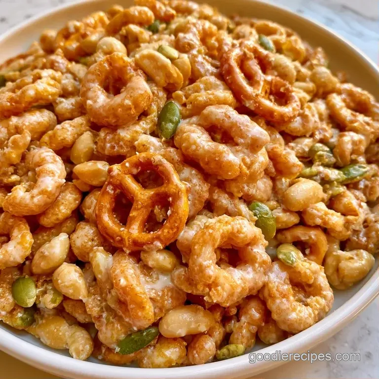 Colorful mix of crunchy cereal and salty pretzels piled high in a modern white bowl on a light wood surface.
