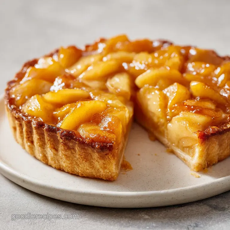 A warm slice of apple tart topped with a scoop of melting vanilla ice cream and a drizzle of golden caramel.