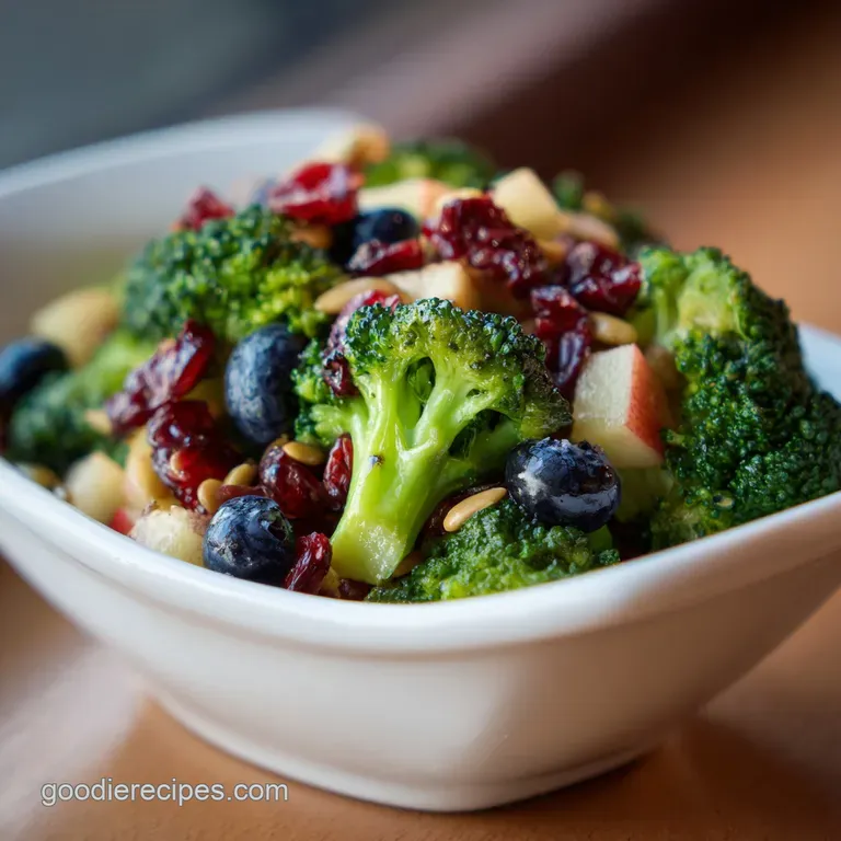 Fresh green broccoli tossed with crimson berries and slivered almonds in a white ceramic bowl on a wooden table.
