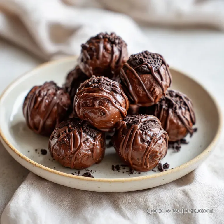 Neatly stacked dark chocolate truffles on a white plate, glistening and inviting.