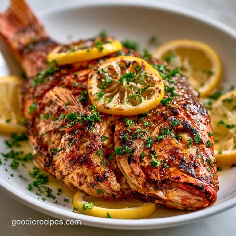 A whole roasted fish centered on a white platter, surrounded by colorful roasted carrots and bright sprigs of parsley.