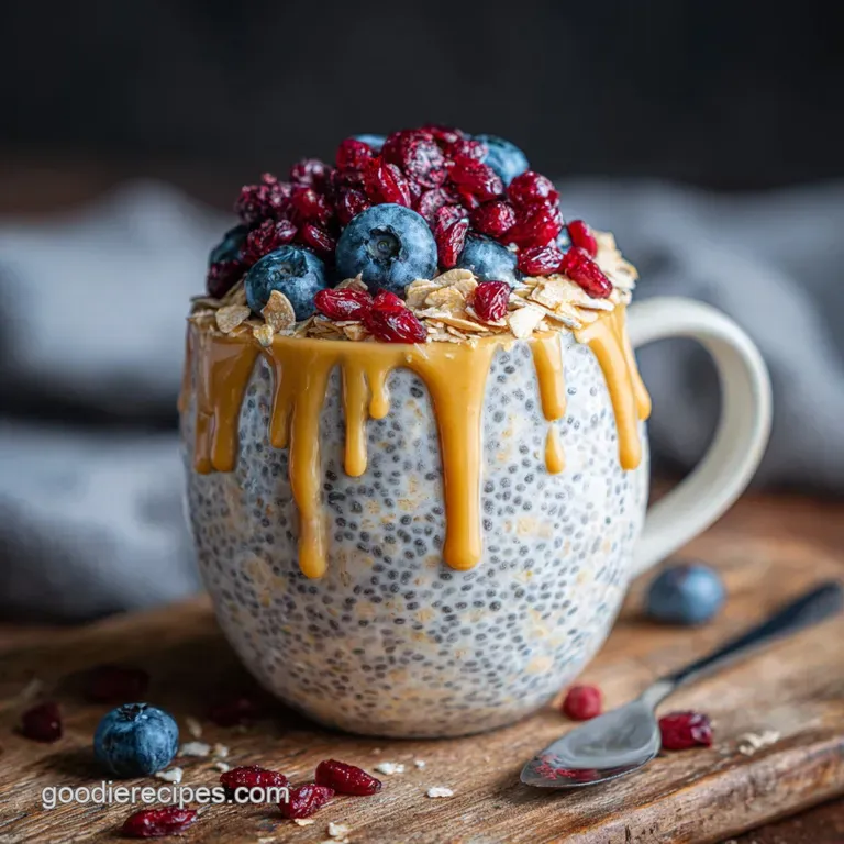 Layered chia oats parfait in a glass. Vibrant berries and crunchy granola top a creamy, cool breakfast or dessert.