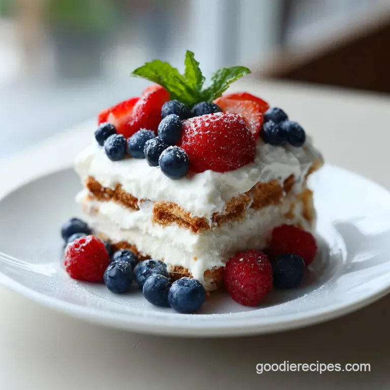 Elegant clear glass dish showcasing vibrant berries and creamy layers, a festive treat.