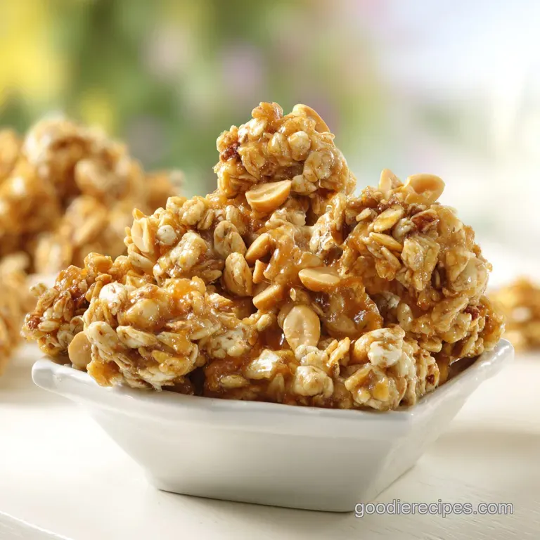 Crunchy golden oat clusters piled in a clear glass jar beside a small ceramic pitcher of creamy white milk.