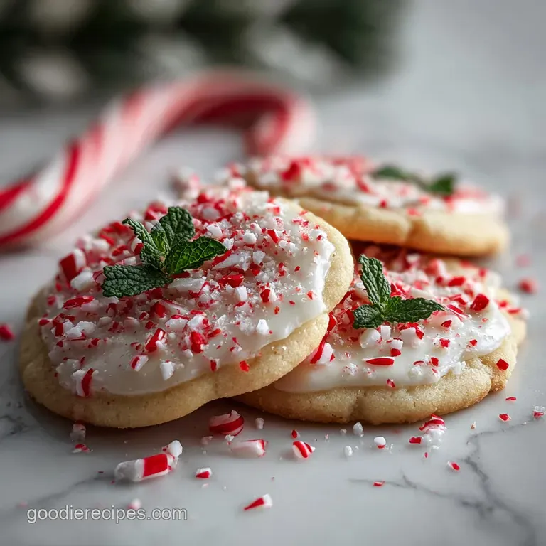 Stack of peppermint sugar cookies next to a bowl of melted white chocolate. Crushed candy canes create a festive border.