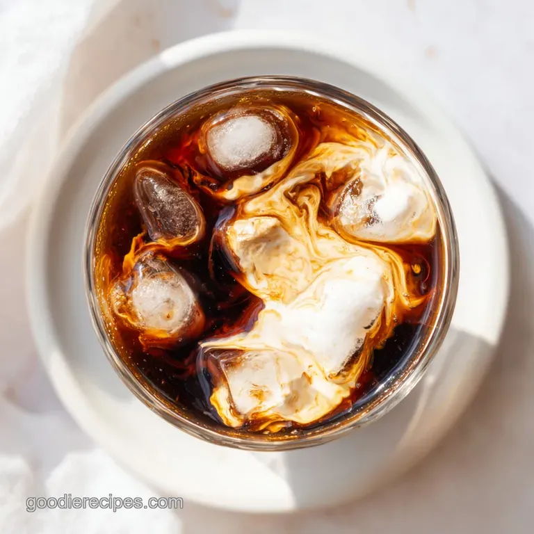 Tall frosted glass of chilled coffee on a marble coaster with a stainless steel straw and a side of cinnamon sticks.