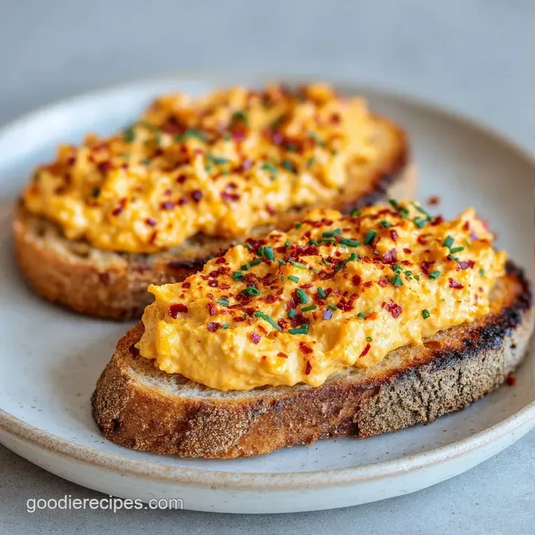 A rustic wooden platter featuring toasted bread rounds topped with vibrant orange cheese and fresh green chives.