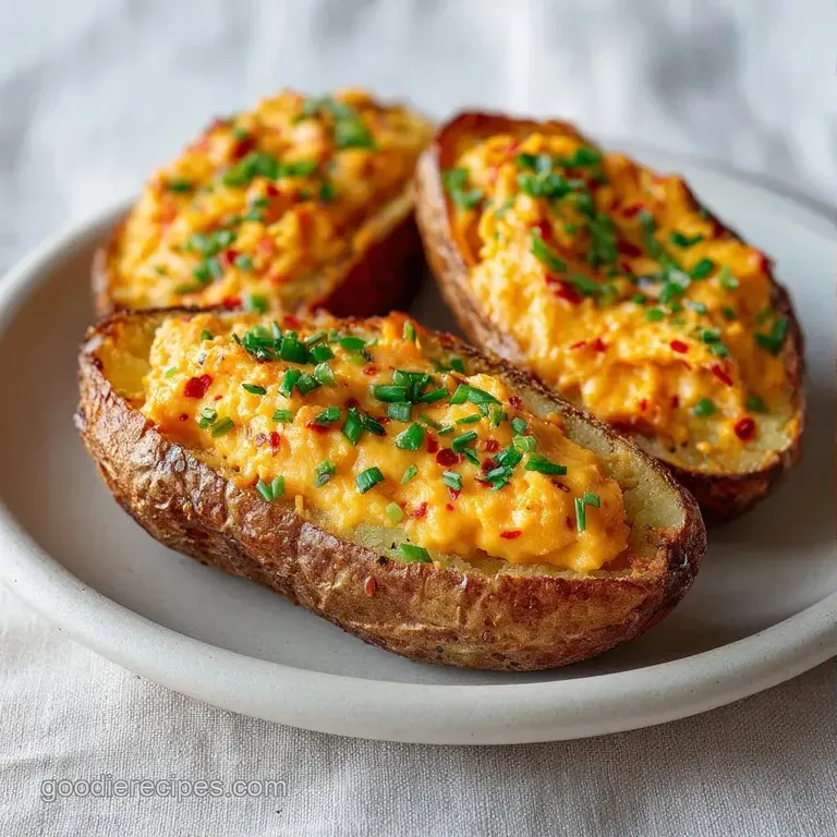 Golden-brown potato shells on a rustic platter, paired with a creamy white dipping sauce and fresh herb garnish.